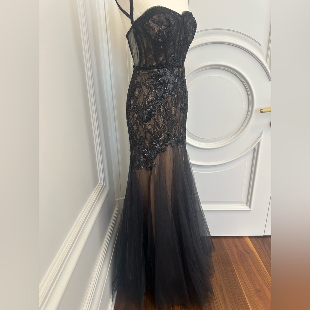 Galina Signature Black Formal Sequin Lace Mesh Strapless Corset Gown (Size 2) - Picture 2 of 16